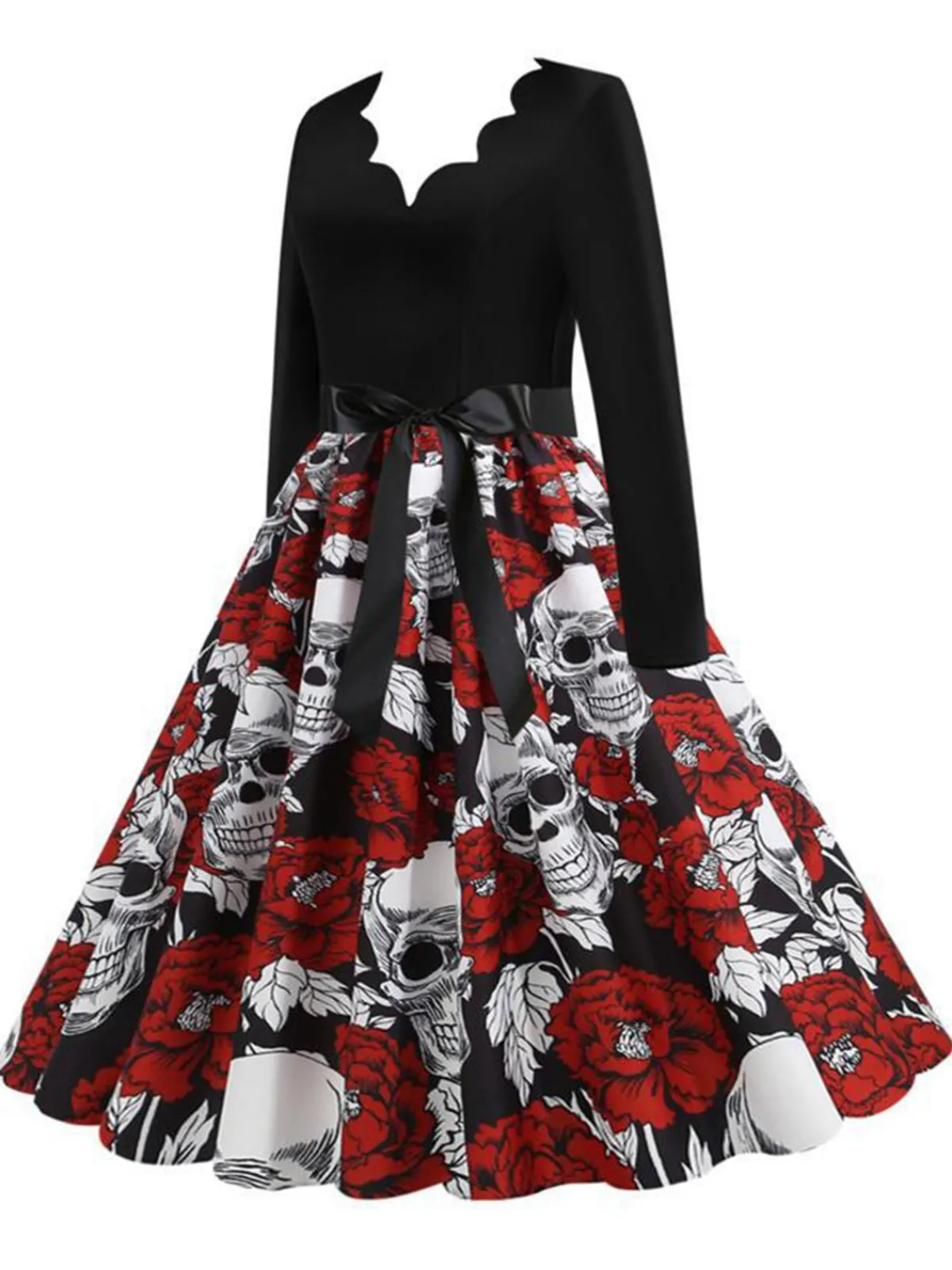 Best Retro Stage 1950s Halloween Roses Skull Petal Collar Dress Black