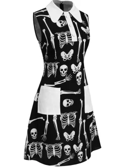 Fashion Retro Stage 1960s Halloween Skeleton Lapel Mod Dress Black