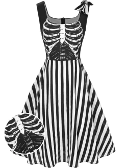 Discount Retro Stage 1950s Halloween Skeleton Vertical Stripes Dress Black
