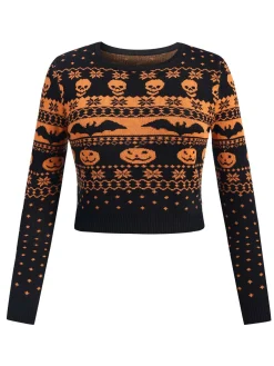 Outlet Retro Stage 1970s Halloween Skull Bat Crop Sweater Black