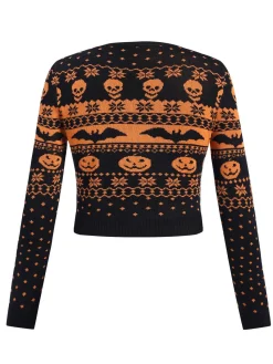 Outlet Retro Stage 1970s Halloween Skull Bat Crop Sweater Black