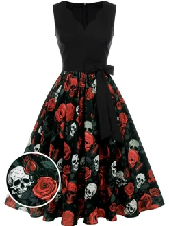 Best Retro Stage 1950s Halloween Skull Rose Sleeveless Dress Black