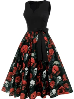 Best Retro Stage 1950s Halloween Skull Rose Sleeveless Dress Black
