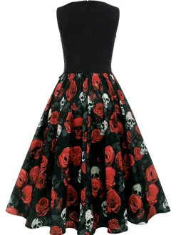 Best Retro Stage 1950s Halloween Skull Rose Sleeveless Dress Black