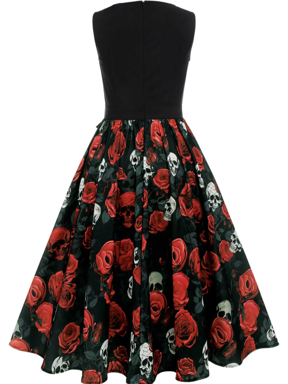 Best Retro Stage 1950s Halloween Skull Rose Sleeveless Dress Black