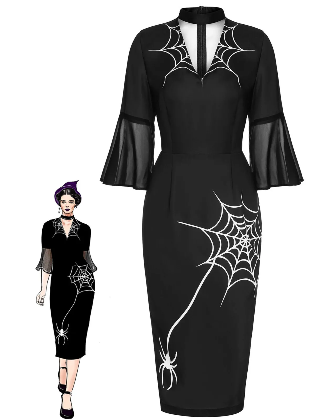 Clearance Retro Stage 1960s Halloween Spider Net Bell Pencil Dress Black