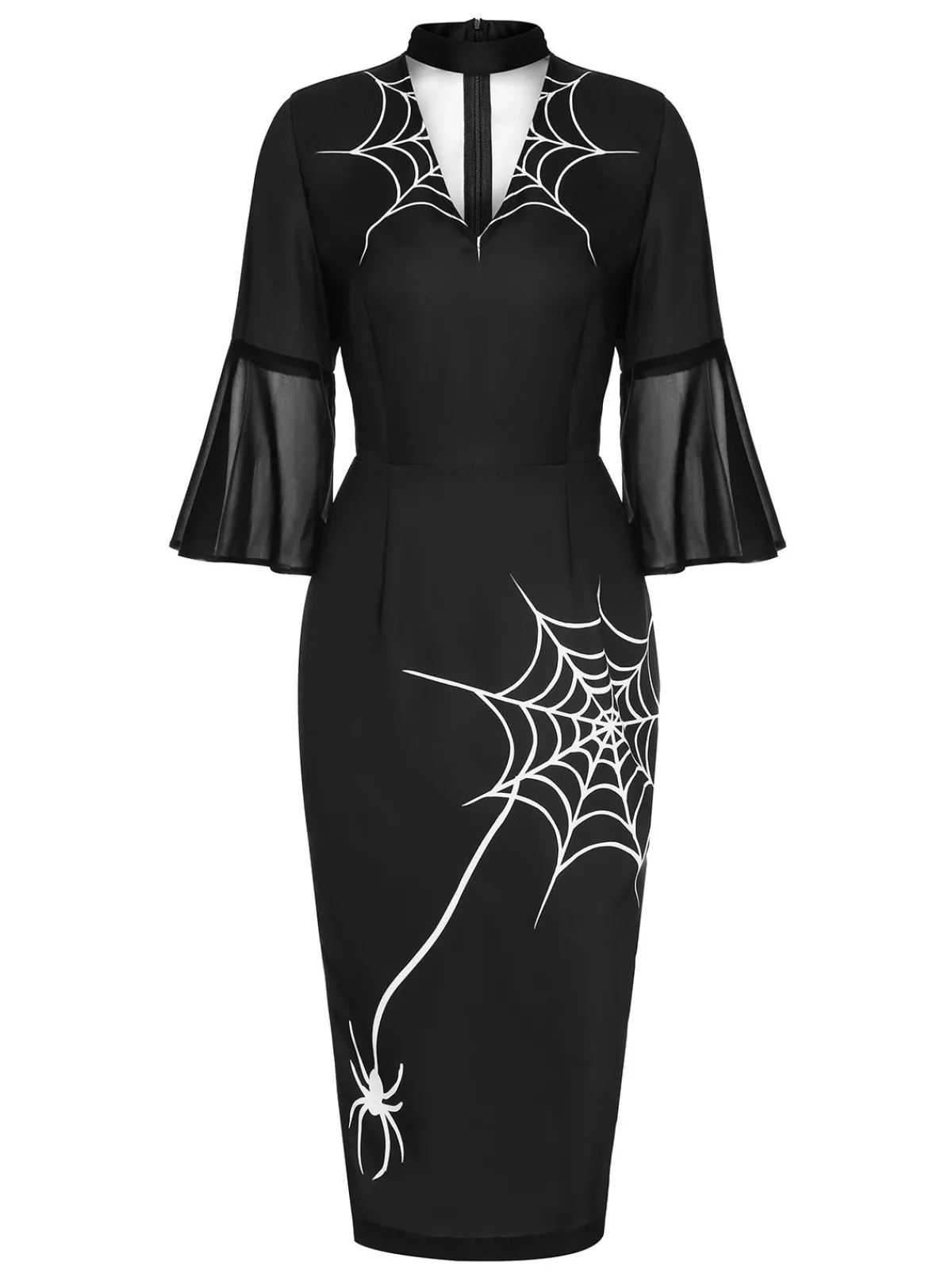 Clearance Retro Stage 1960s Halloween Spider Net Bell Pencil Dress Black