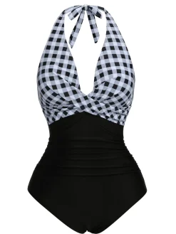 Outlet Retro Stage 1940s Halter Backless Plaids One-Piece Swimsuit Black