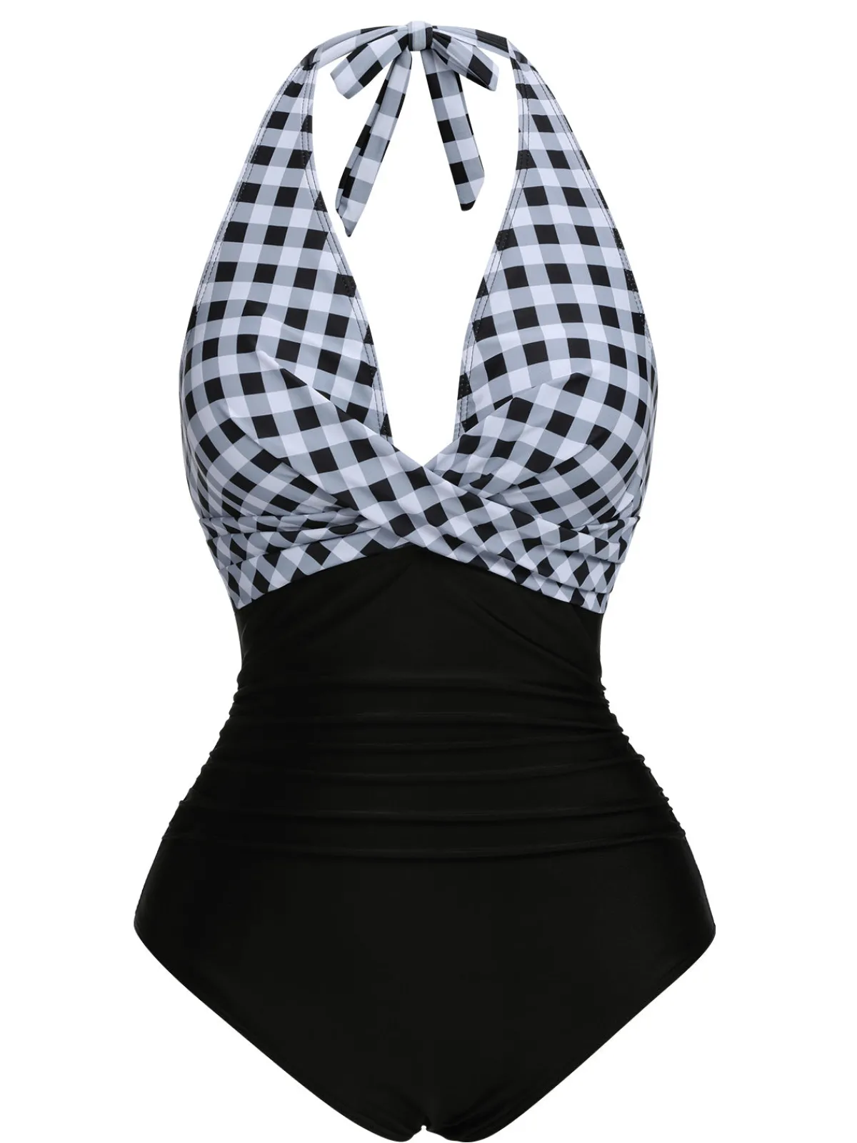 Outlet Retro Stage 1940s Halter Backless Plaids One-Piece Swimsuit Black