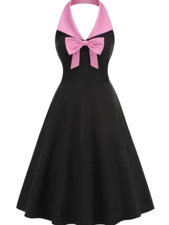 Clearance Retro Stage 1950s Halter Bow Patchwork A-line Dress Black