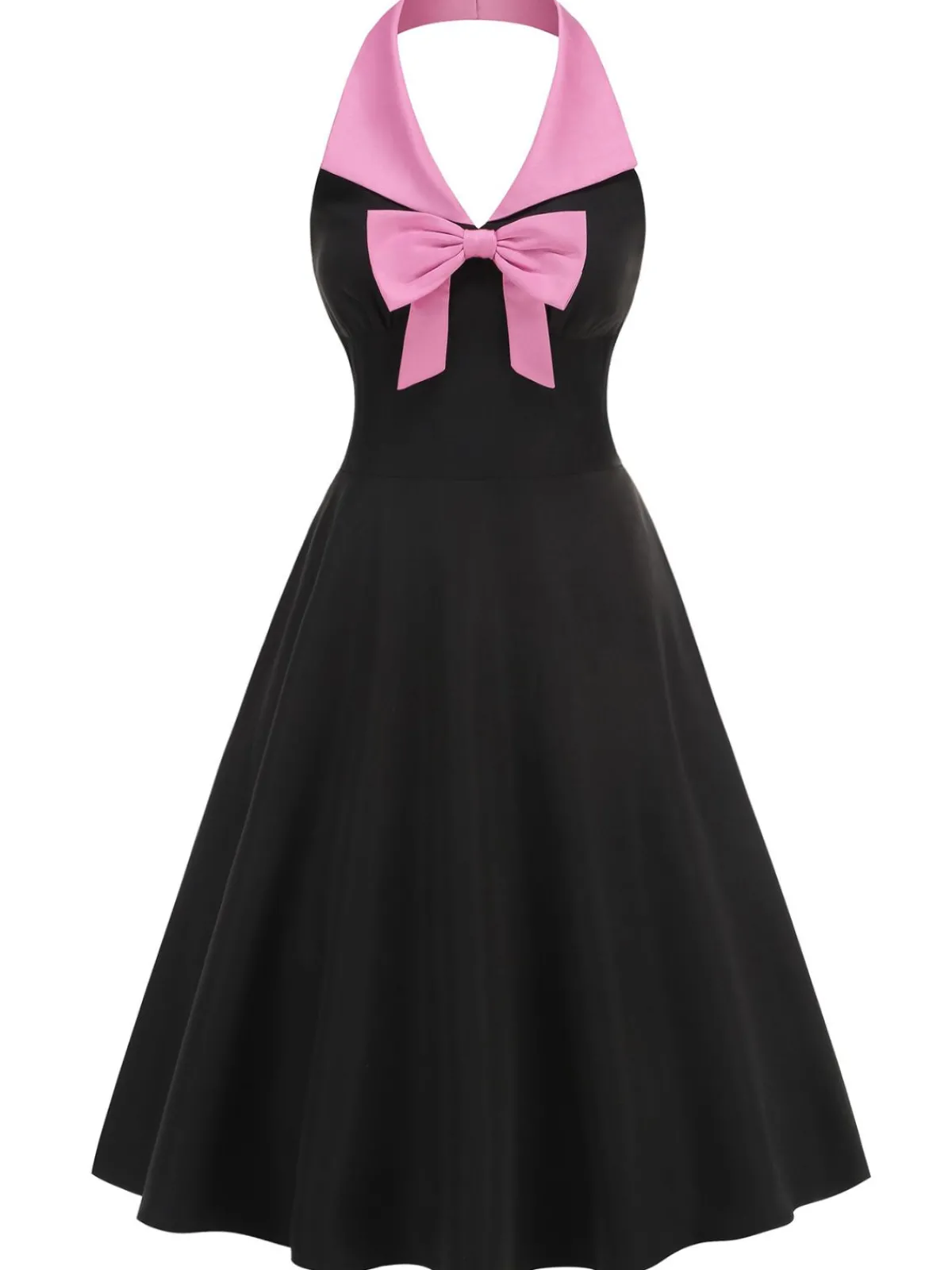 Clearance Retro Stage 1950s Halter Bow Patchwork A-line Dress Black