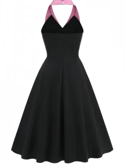 Clearance Retro Stage 1950s Halter Bow Patchwork A-line Dress Black