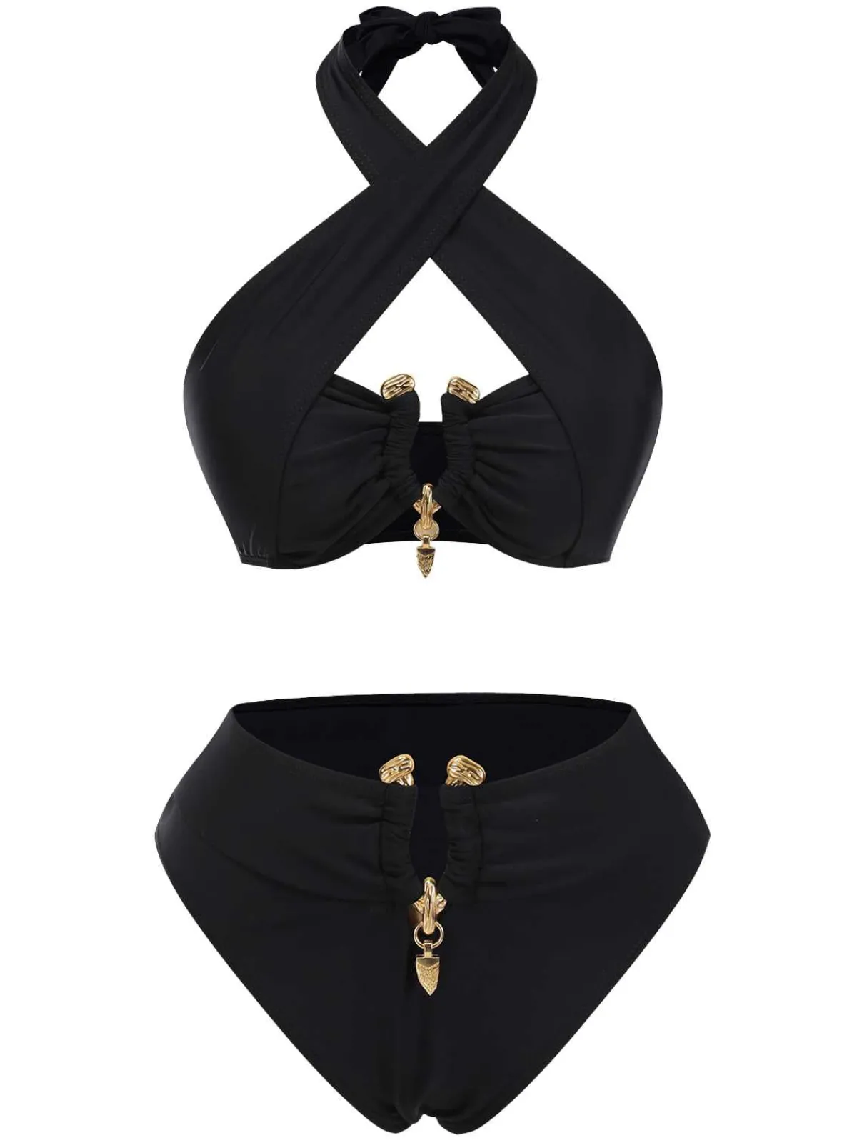 Online Retro Stage 1970s Halter Cross-Neck High-Waist Swimsuit Black