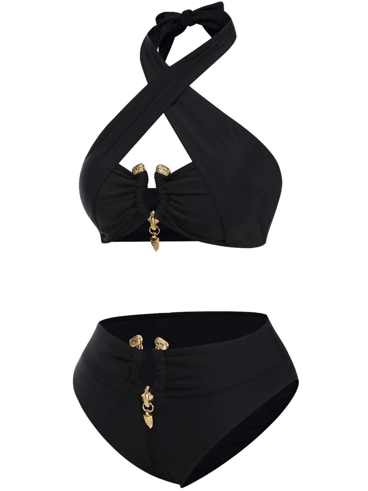 Online Retro Stage 1970s Halter Cross-Neck High-Waist Swimsuit Black