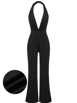 Online Retro Stage 1930s Halter Deep V-Neck Jumpsuit Black