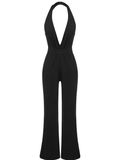 Online Retro Stage 1930s Halter Deep V-Neck Jumpsuit Black