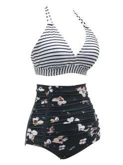 Best Retro Stage 1950s Halter Floral Stripes Swimsuit Black