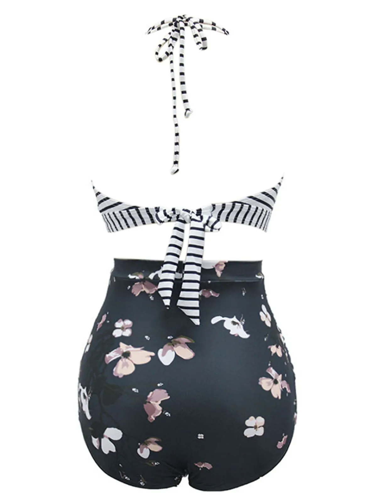 Best Retro Stage 1950s Halter Floral Stripes Swimsuit Black
