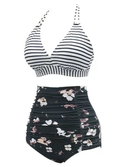 Best Retro Stage 1950s Halter Floral Stripes Swimsuit Black