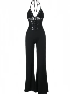 Clearance Retro Stage 1930s Halter Lace Bell-Bottom Jumpsuit Black