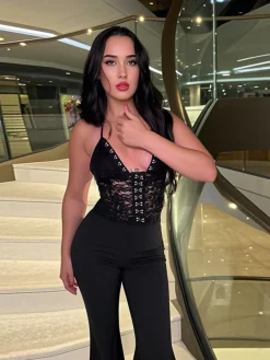 Clearance Retro Stage 1930s Halter Lace Bell-Bottom Jumpsuit Black