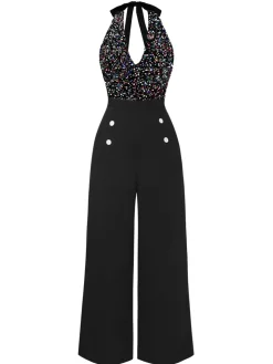 Best Retro Stage Black 1930s Halter Neck Sequined Jumpsuit