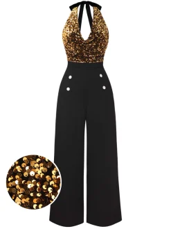 Best Retro Stage Black 1930s Halter Neck Sequined Jumpsuit