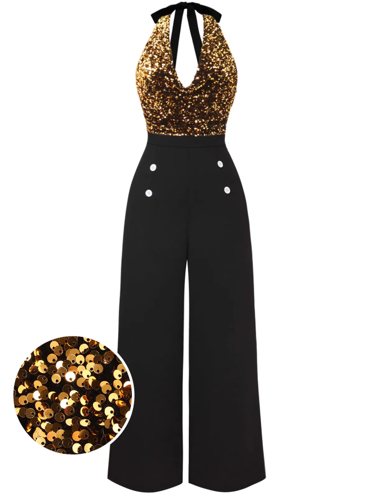 Best Retro Stage Black 1930s Halter Neck Sequined Jumpsuit