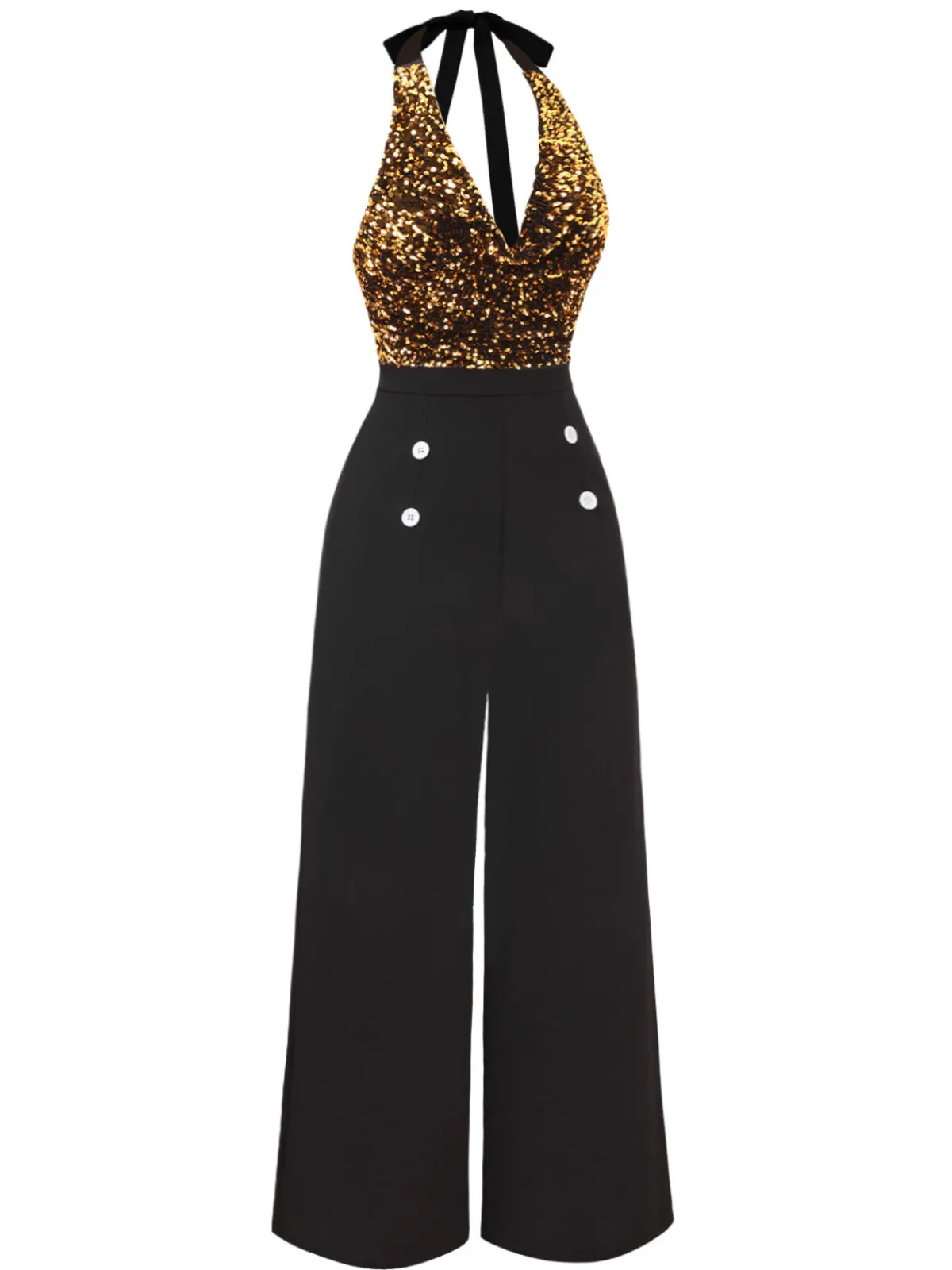 Best Retro Stage Black 1930s Halter Neck Sequined Jumpsuit