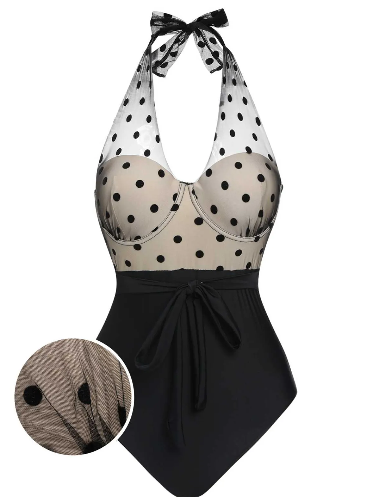 Hot Retro Stage 1950s Halter Polka Dots Mesh Swimsuit Black
