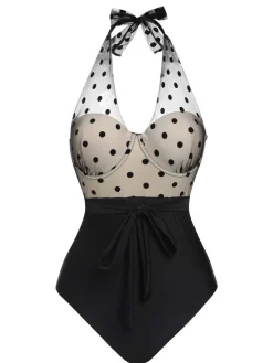 Hot Retro Stage 1950s Halter Polka Dots Mesh Swimsuit Black