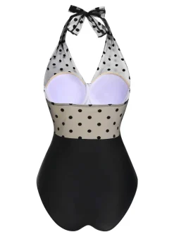 Hot Retro Stage 1950s Halter Polka Dots Mesh Swimsuit Black