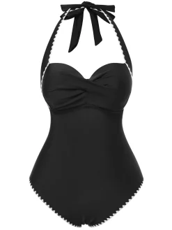 Online Retro Stage 1950s Halter Scallop-Trim One-Piece Swimsuit Black