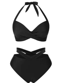 Online Retro Stage Black 1960s Halter Solid Swimsuit
