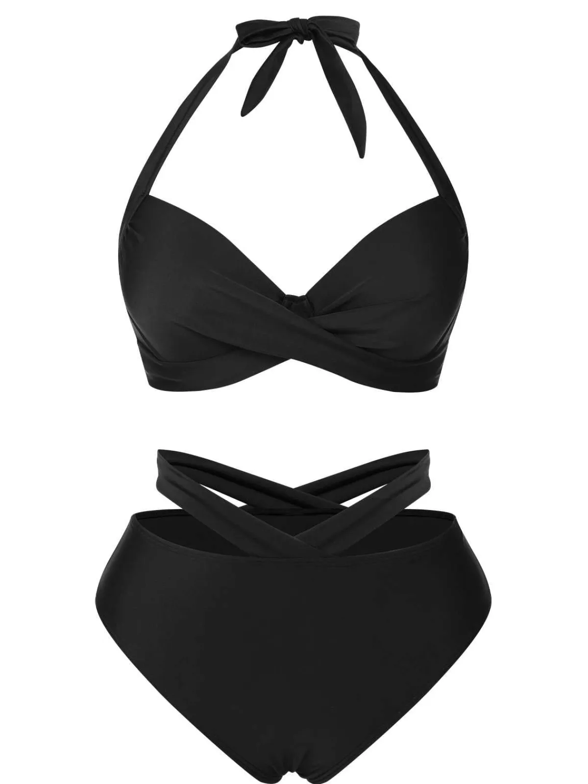 Online Retro Stage Black 1960s Halter Solid Swimsuit