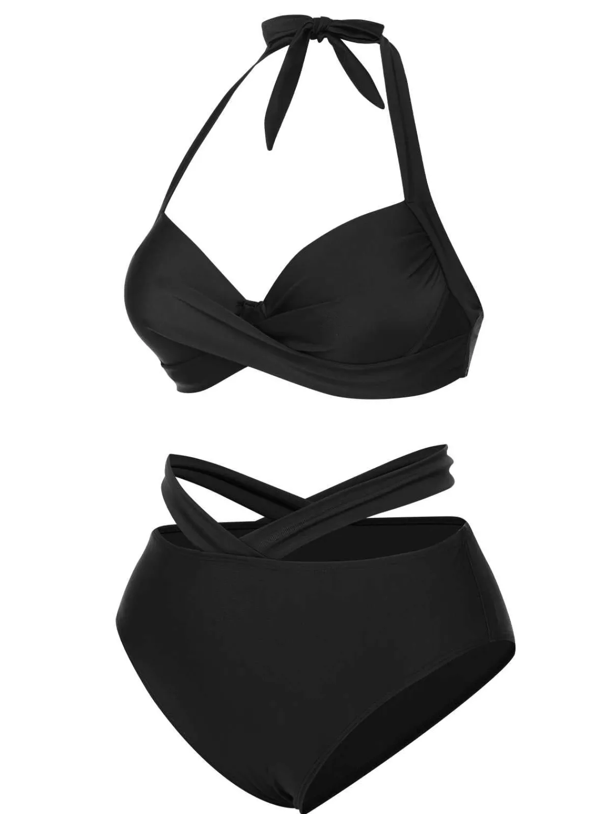 Online Retro Stage Black 1960s Halter Solid Swimsuit