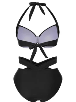 Online Retro Stage Black 1960s Halter Solid Swimsuit