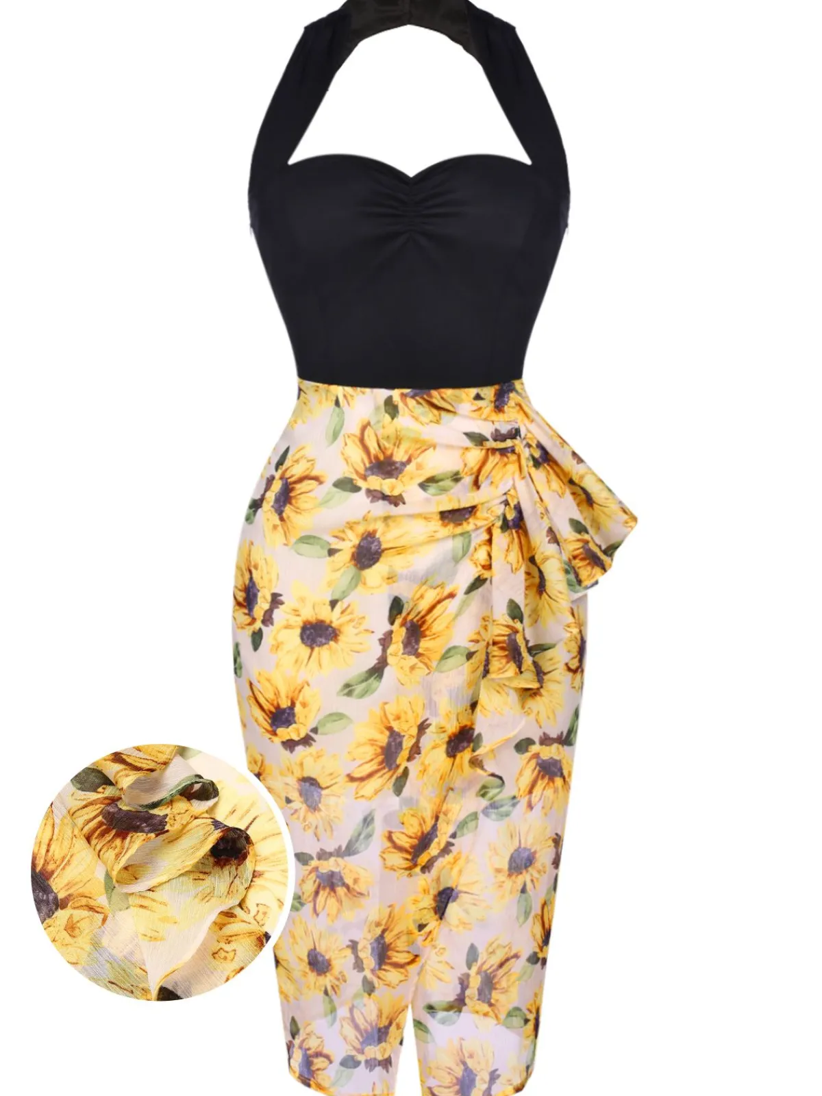 Outlet Retro Stage Black 1960s Halter Sunflower Pencil Dress Yellow