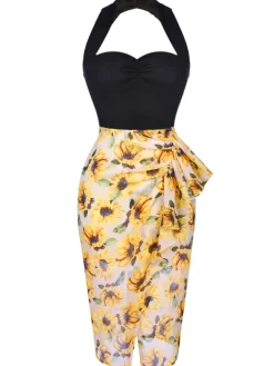 Outlet Retro Stage Black 1960s Halter Sunflower Pencil Dress Yellow