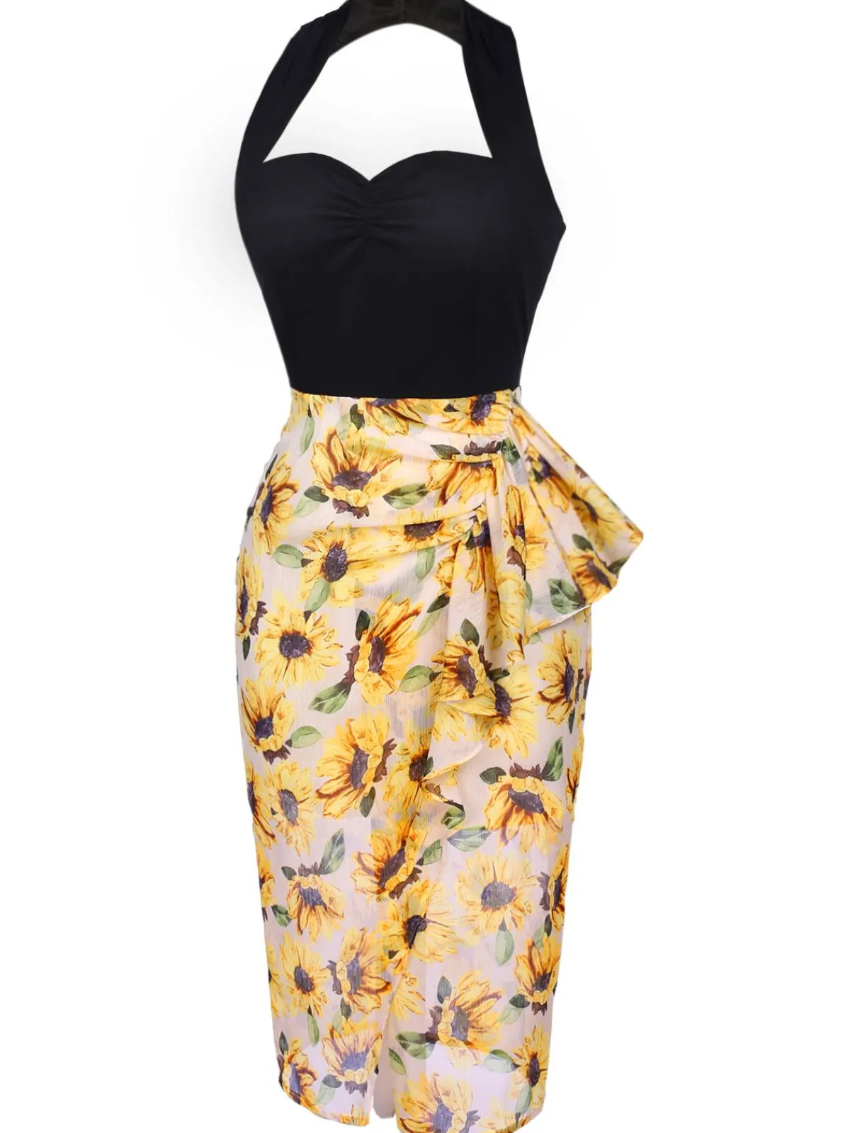 Outlet Retro Stage Black 1960s Halter Sunflower Pencil Dress Yellow
