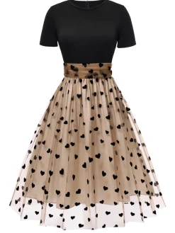 Online Retro Stage Black 1950s Heart Dot Swing Vintage Dress