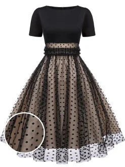 Online Retro Stage Black 1950s Heart Dot Swing Vintage Dress