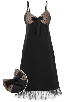 Sale Retro Stage 1950s Heart Dots Mesh Bow Nightgown Black