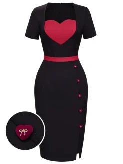 Sale Retro Stage 1960s Heart Neck Button Slit Dress Black
