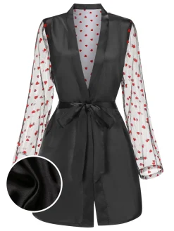Outlet Retro Stage 1950s Hearts Dots Mesh Satin Sleep Robe Black