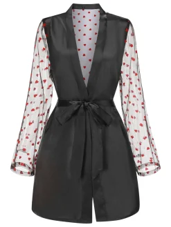 Outlet Retro Stage 1950s Hearts Dots Mesh Satin Sleep Robe Black