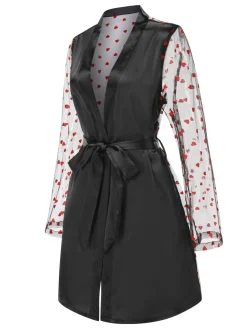Outlet Retro Stage 1950s Hearts Dots Mesh Satin Sleep Robe Black