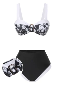 Best Retro Stage 1940s Hepburn Silhouette Floral Bikini Set Black