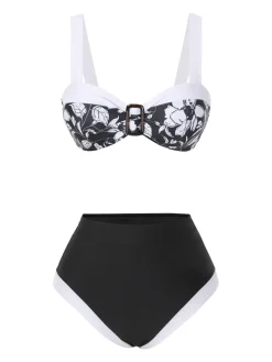 Best Retro Stage 1940s Hepburn Silhouette Floral Bikini Set Black