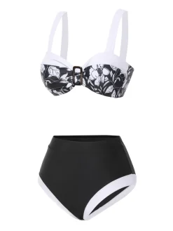 Best Retro Stage 1940s Hepburn Silhouette Floral Bikini Set Black